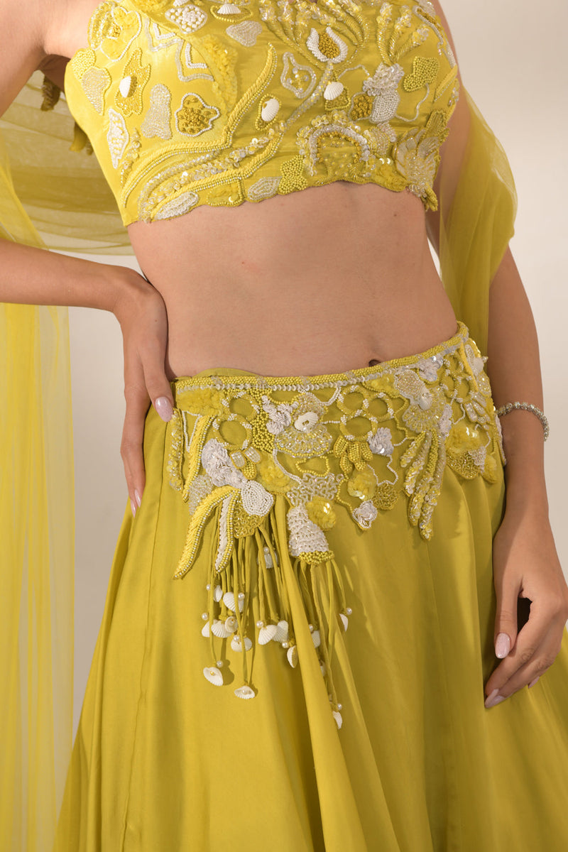 Off Shoulder Cutwork Blouse Lehenga; Bag Only For Styling Purpose; Not Included In This Set.
