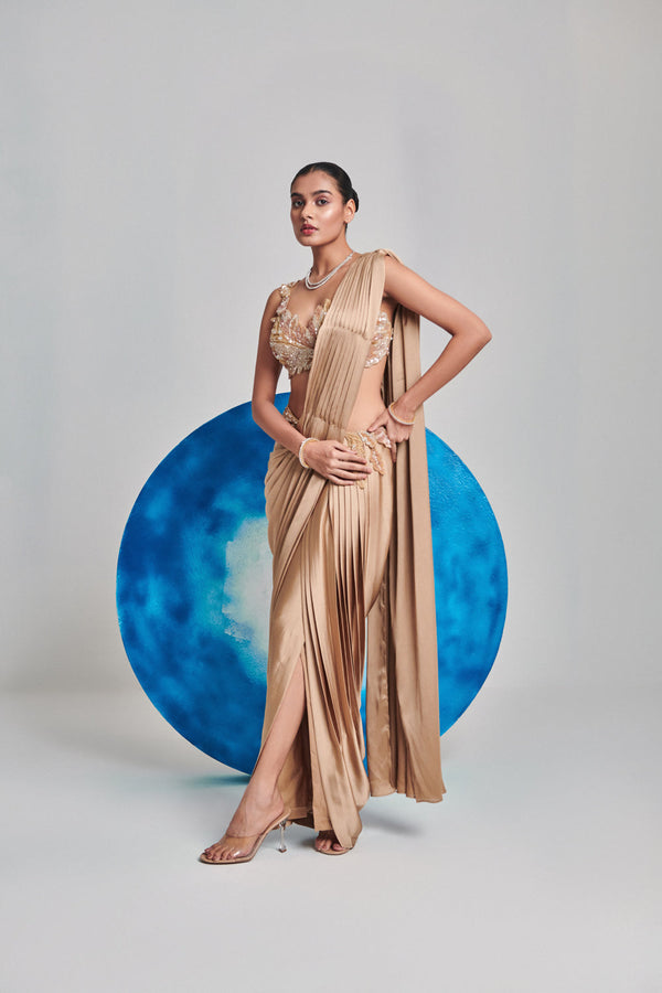 Champagne Gold Pre Stitch , Hand Pleated Drape Saree Set; Cutwork Blouse