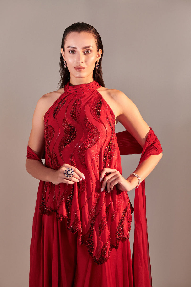 Scarlet Red Cutwork Asymmetric Tunic , Twisted Pleats Dupatta