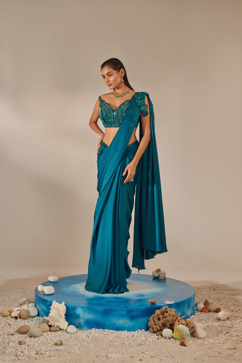 Teal Off Shoulder Pre-Stitch Drape Saree Set;3D Hand Embellished Applique Shells