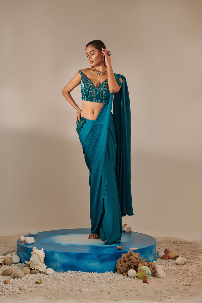 Teal Off Shoulder Pre-Stitch Drape Saree Set;3D Hand Embellished Applique Shells