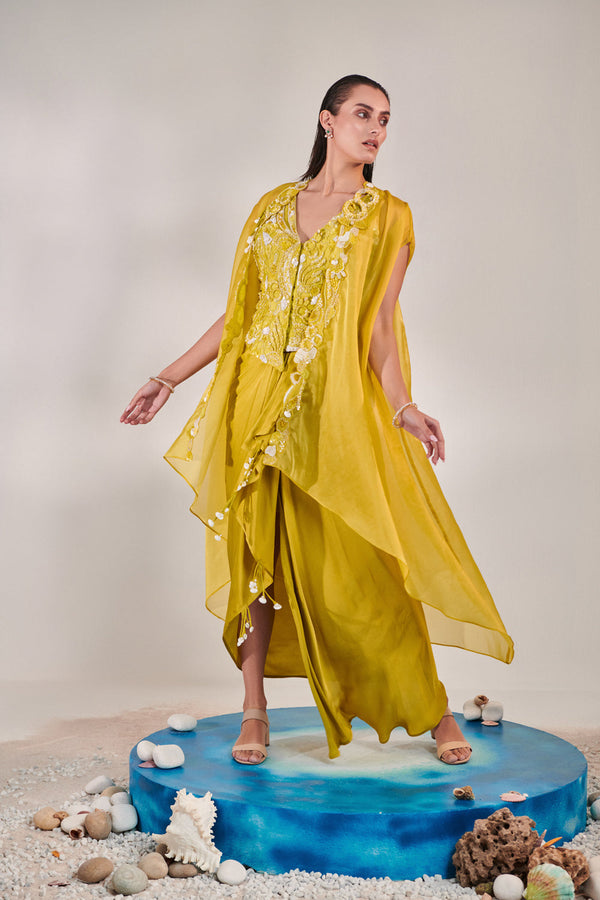 Satin Organza Cape And Fitted Sleeveless Jacket And Drape Skirt Set; Hand Embroidered In Lime Yellow Shade.