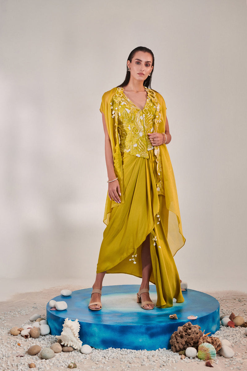 Satin Organza Cape And Fitted Sleeveless Jacket And Drape Skirt Set; Hand Embroidered In Lime Yellow Shade.
