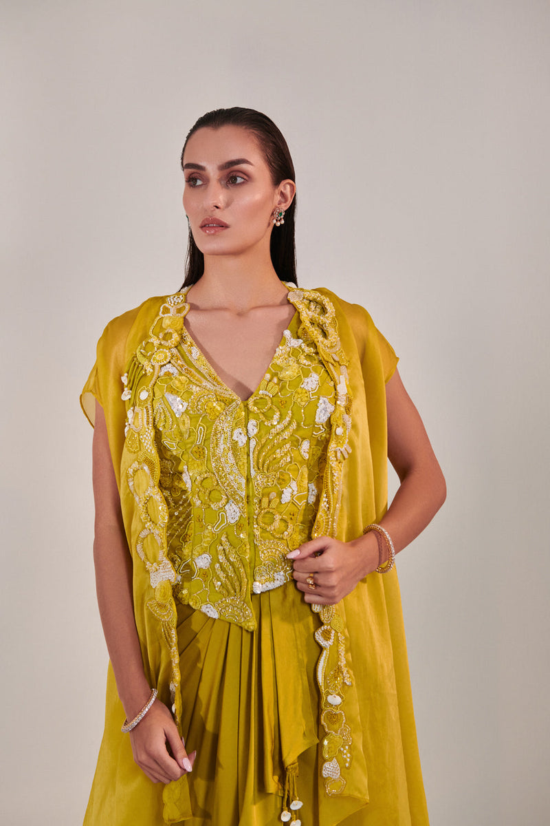 Satin Organza Cape And Fitted Sleeveless Jacket And Drape Skirt Set; Hand Embroidered In Lime Yellow Shade.