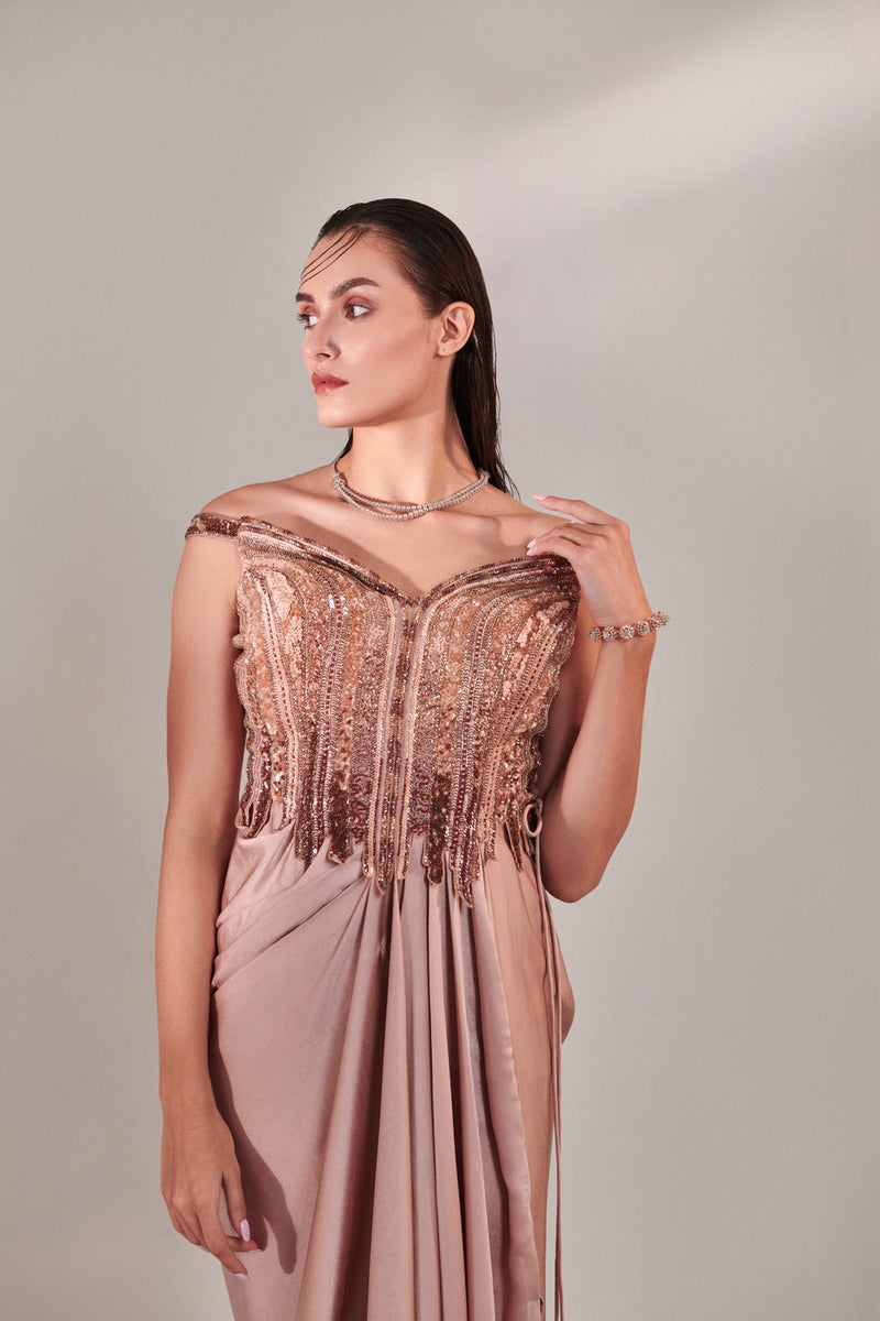 Nudish Pink Gradient Hand Embroidered Cutwork Detail Drape Gown; Side Drawstring  Tie-Down
