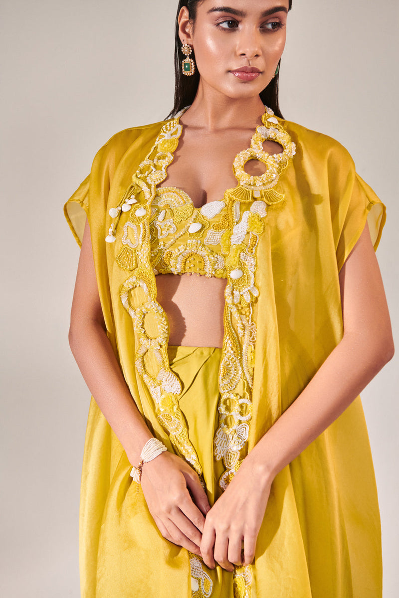 Cutwork Blouse With 3D Embroidered Details ; Resham And Zardozi Embroidery; Dori Detailing; Drape Silk Satin Slit Skirt