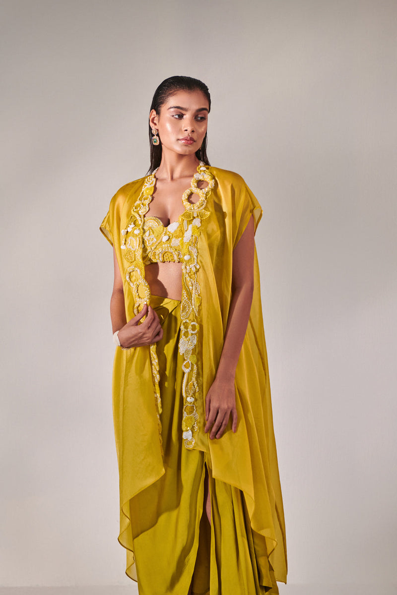 Cutwork Blouse With 3D Embroidered Details ; Resham And Zardozi Embroidery; Dori Detailing; Drape Silk Satin Slit Skirt