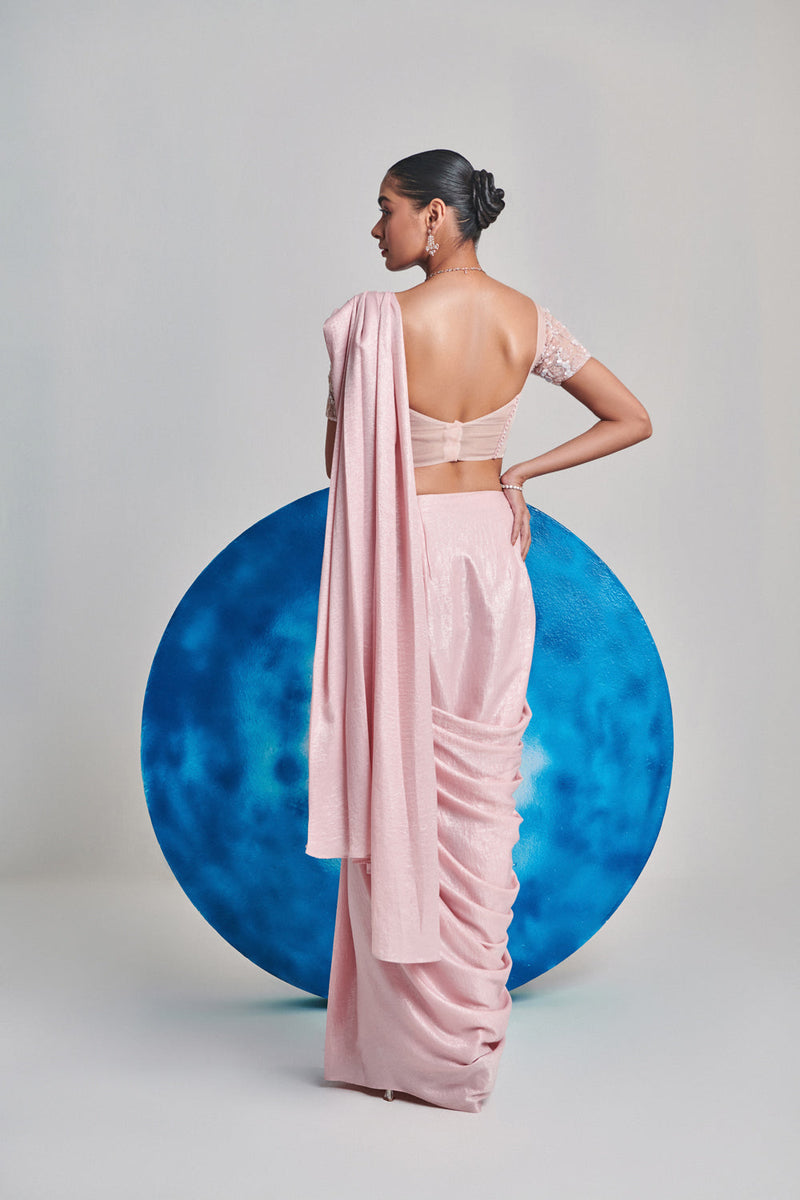 Soft Pink Ombre Gradient Pre Stitch Hand Embroider Drape Saree