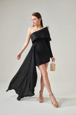 Black One Shoulder Power Drape Dress With Side Train And Detachable Belt