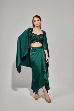 Emerald Green Hand Embroidered Cape Set With Cutwork Blouse And Drape Skirt