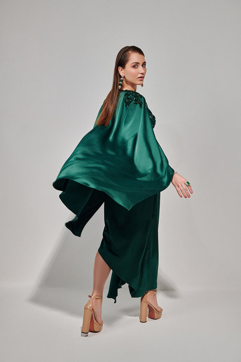 Emerald Green Hand Embroidered Cape Set With Cutwork Blouse And Drape Skirt