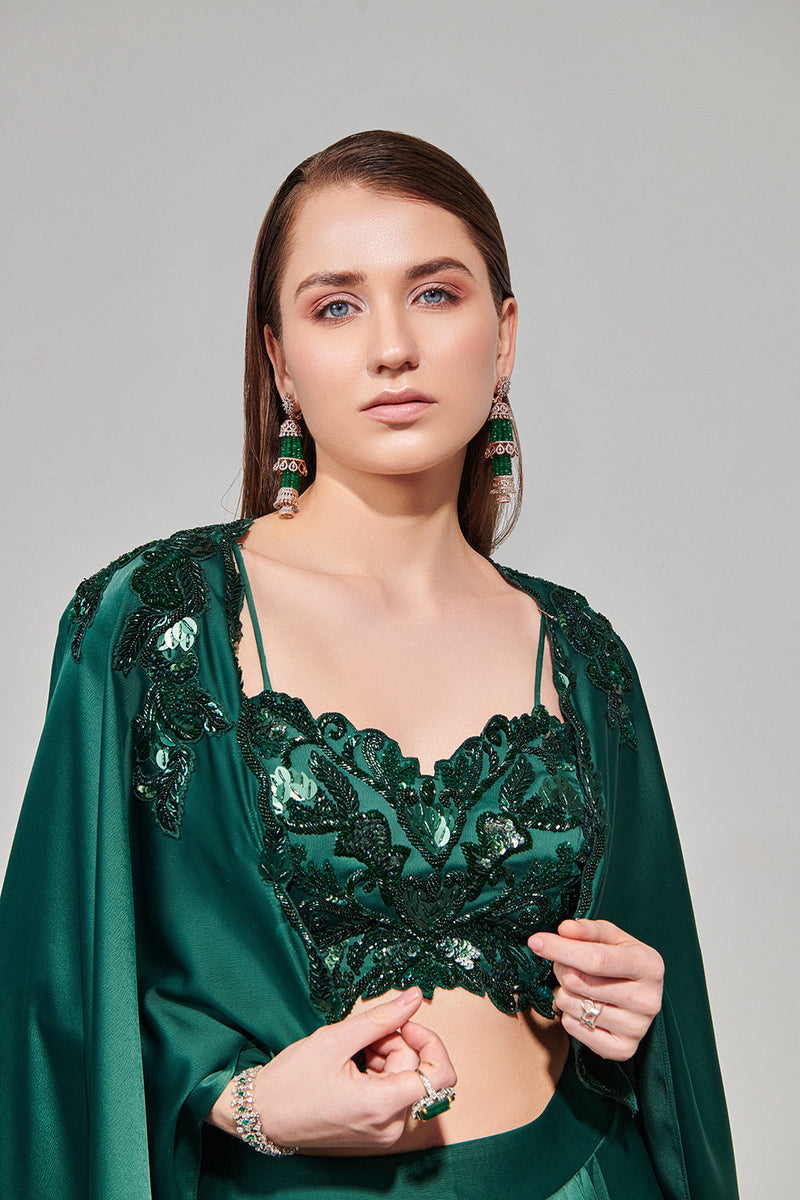 Emerald Green Hand Embroidered Cape Set With Cutwork Blouse And Drape Skirt