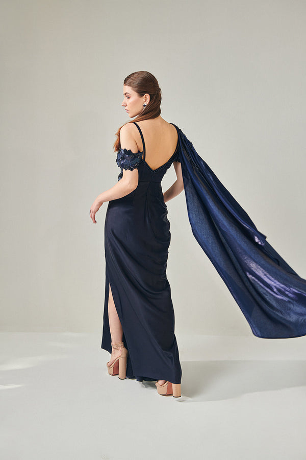 Midnight Blue Off- Shoulder Drape Gown With Detachable Palla