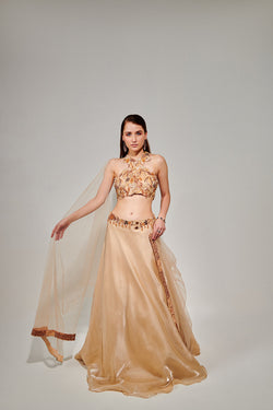 Ivory Cut Work Halter Neck Blouse And Lehenga Set