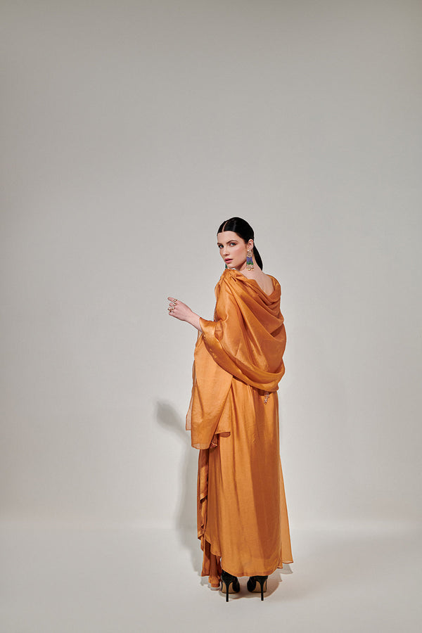 Honey Mustard Cowl Cape Set With Asymmetricdrape Skirt