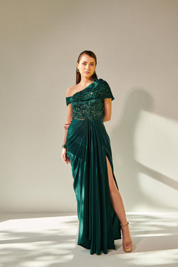 Off Shoulder Emerald Green Drape Gown With Waist Cut-Out