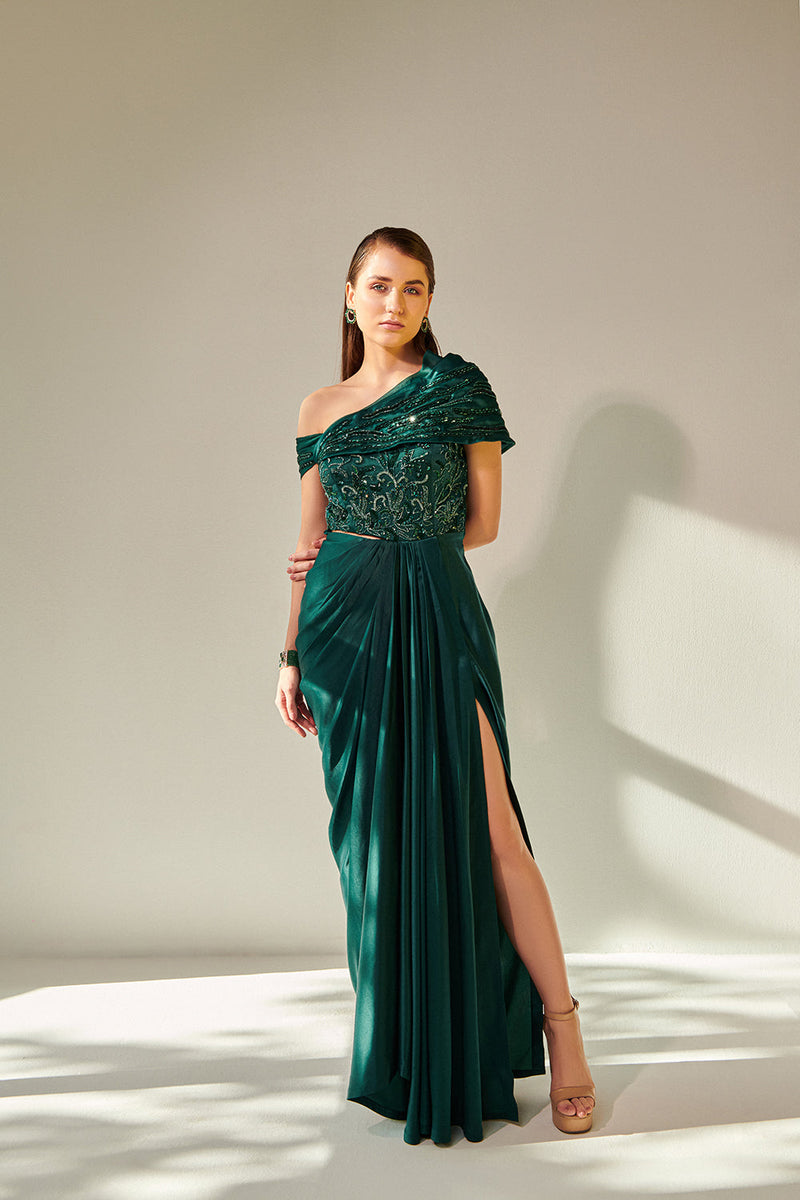 Off Shoulder Emerald Green Drape Gown With Waist Cut-Out
