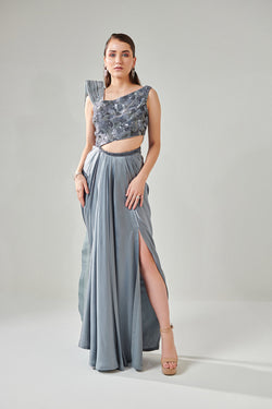 Ash Grey Drape Saree Gown With Embellished 3-D Palla