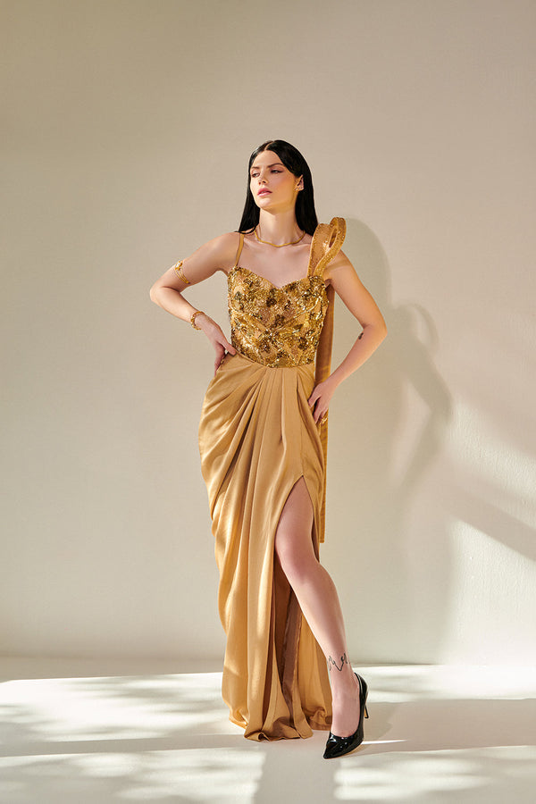 Golden Hand Embroidered Drape Gown With 3D Hand Embellished Trail
