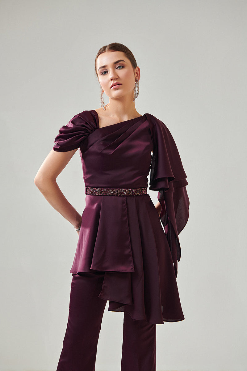 Wine Satin Flowy Co-Ord Set