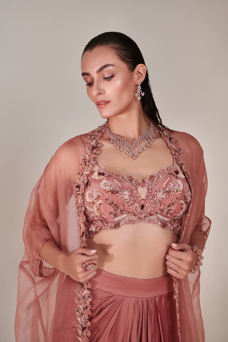 Salmon Pink Pure Organza Cape Cutwork Zardozi Embroidery, French Knot Detail
