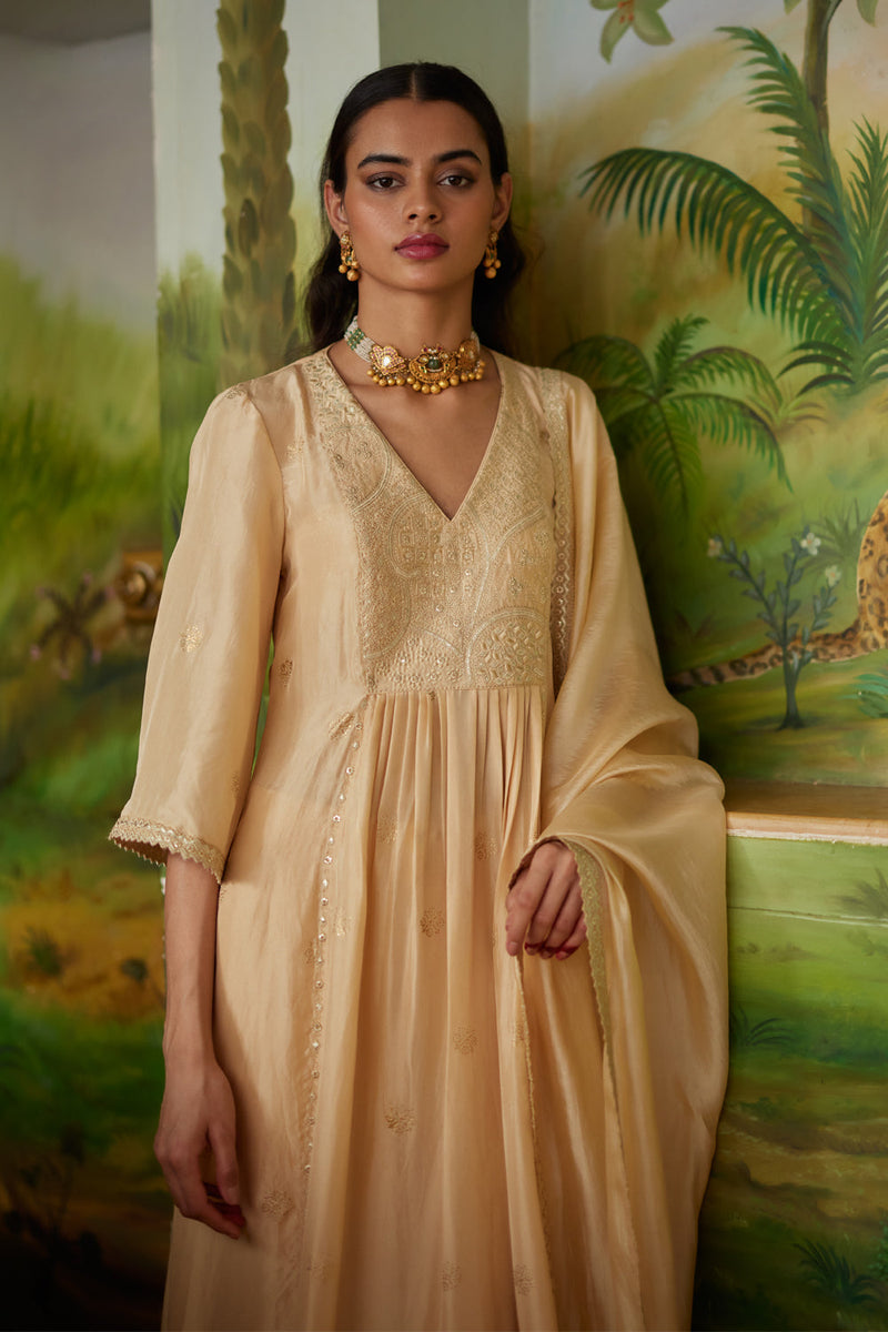 Buttercup Resham Work Neckline Paired With Kurta & Dupatta