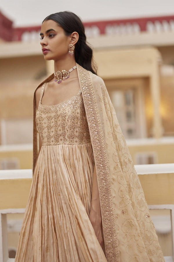 Buttercup Strappy Anarkali Paired With Gharara & Dupatta