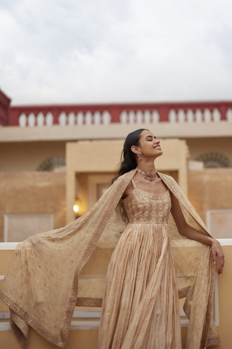 Buttercup Strappy Anarkali Paired With Gharara & Dupatta