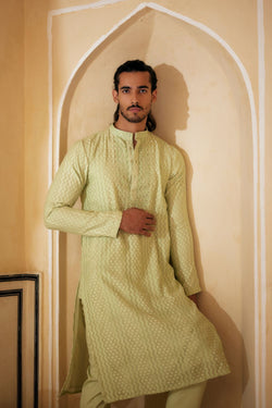 Mint Resham Work Kurta With Pants