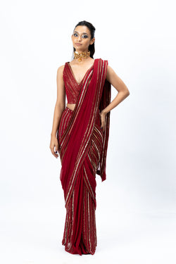 Red Draped Hand-Embroidered Sari with V-neck Blouse