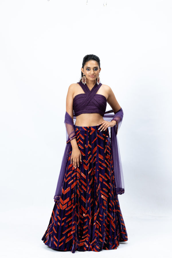 Violet Blouse with Printed Lehenga and Violet Dupatta