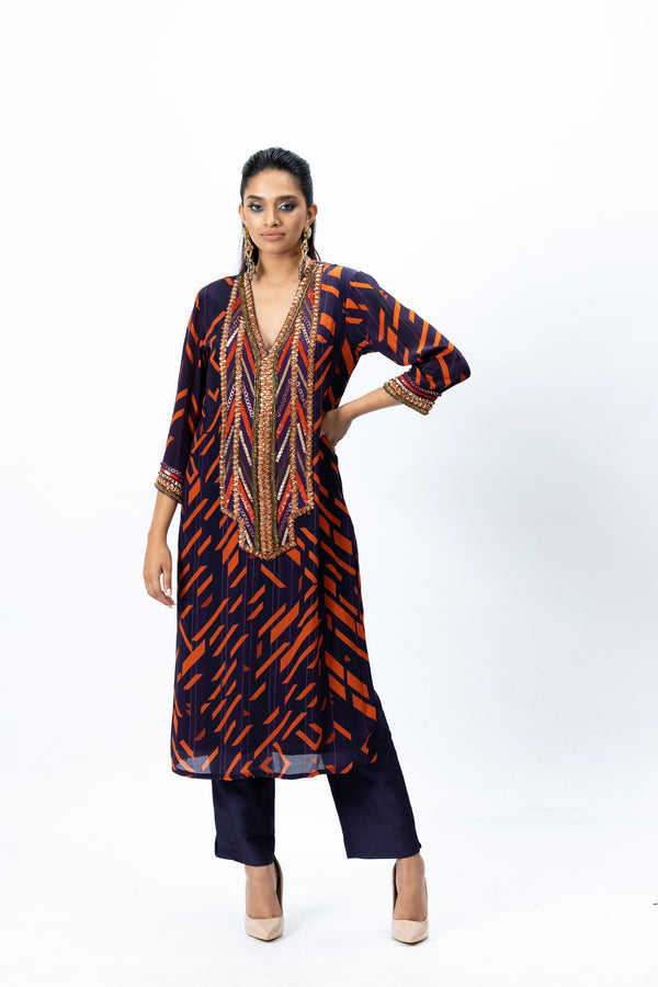 Printed Embroidered Kurta with Violet Pants