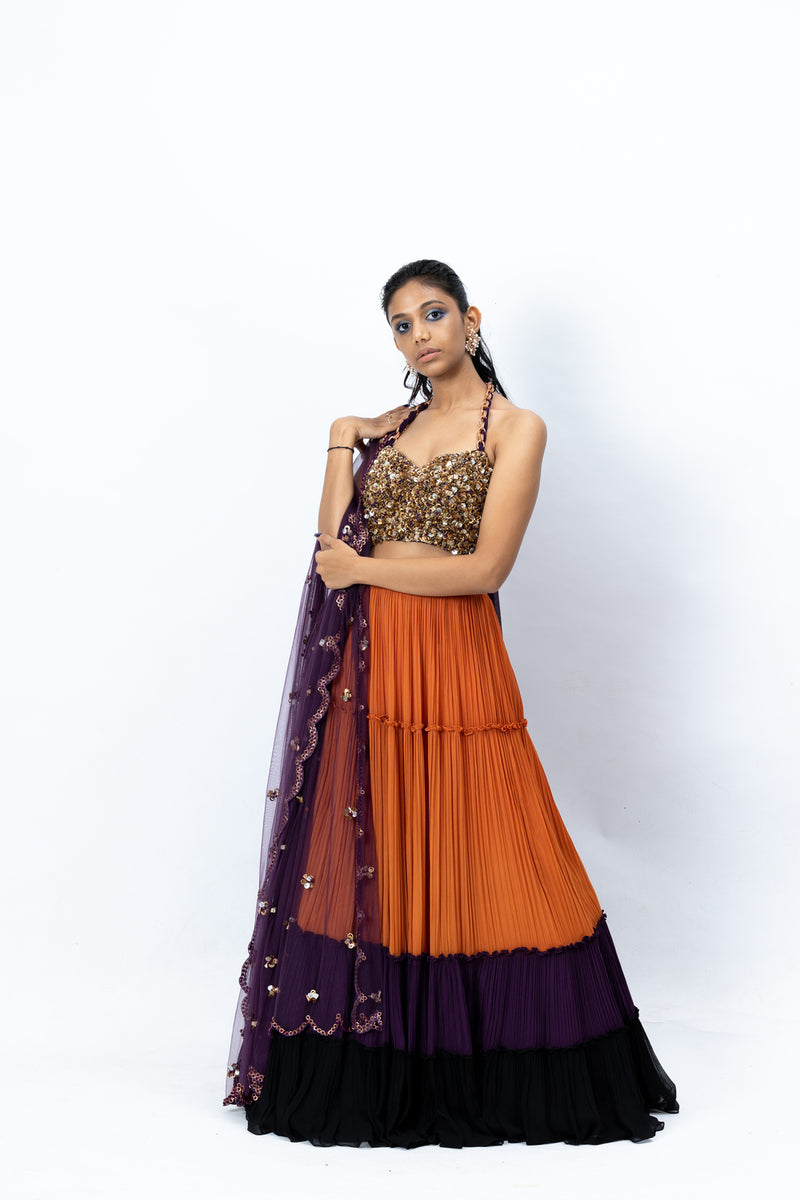 Colour Block Lehenga with Embroidered Blouse and Dupatta