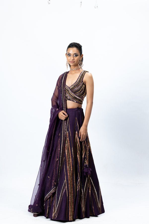 Violet Embroidered Lehenga and Blouse with Dupatta