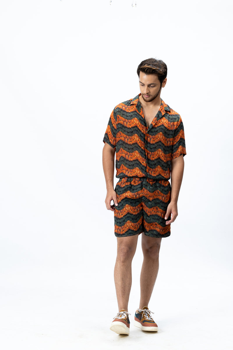 Olive Green & Burnt Orange Printed Shirt and Shorts Set