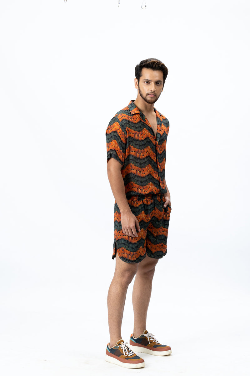 Olive Green & Burnt Orange Printed Shirt and Shorts Set