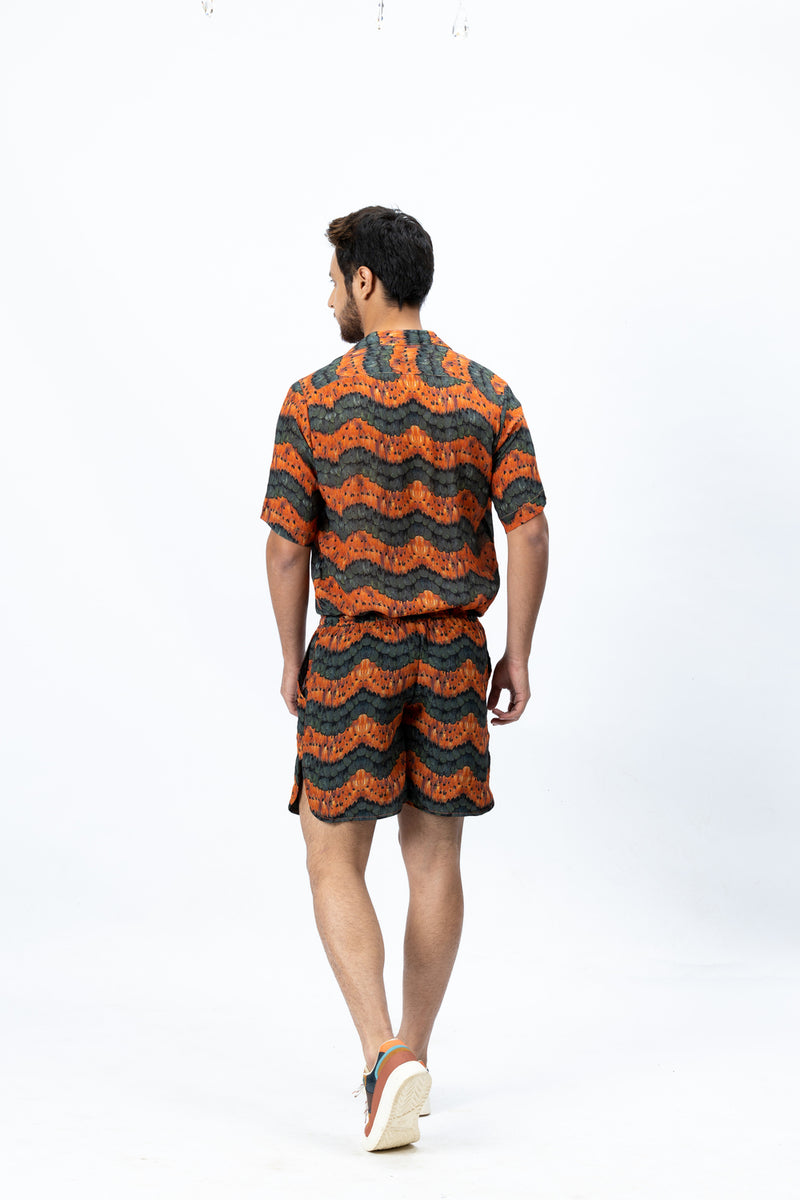 Olive Green & Burnt Orange Printed Shirt and Shorts Set