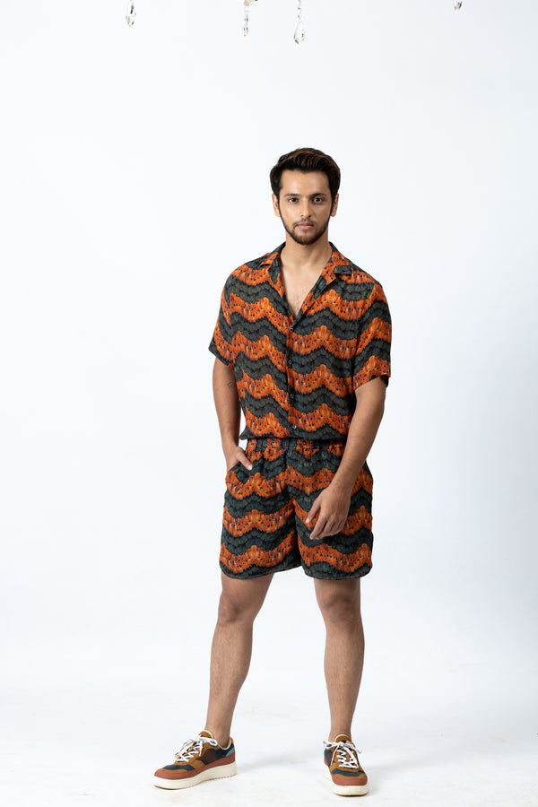 Olive Green & Burnt Orange Printed Shirt and Shorts Set