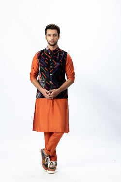 Orange Kurta and Pants with Multicolour Bandi