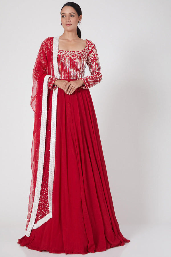 Red Embroidered Anarkali With Dupatta Set