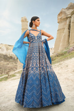 Blue Embroidered Gown With Drape