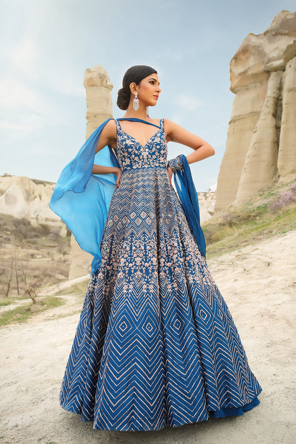 Blue Embroidered Gown With Drape