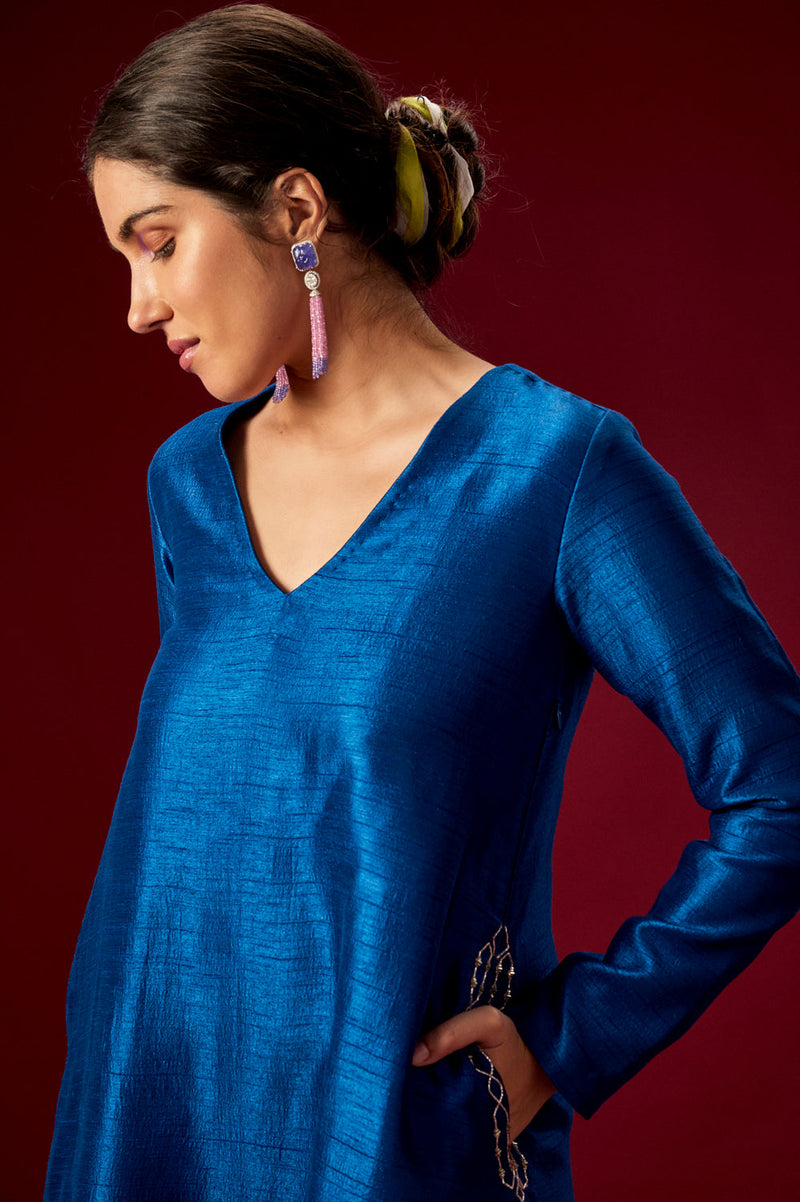Blue Kurta With Embellished Pockets