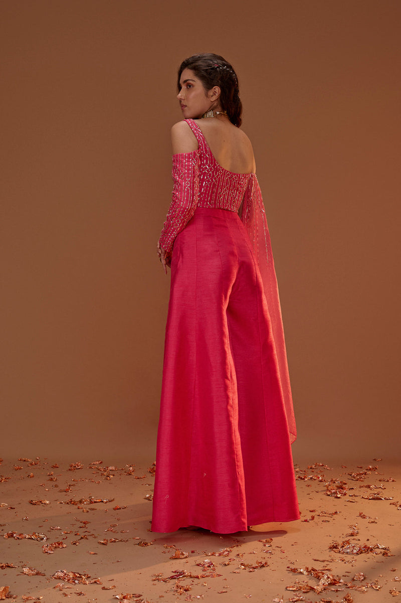 Hot Pink Palazo With Draped Crop Top