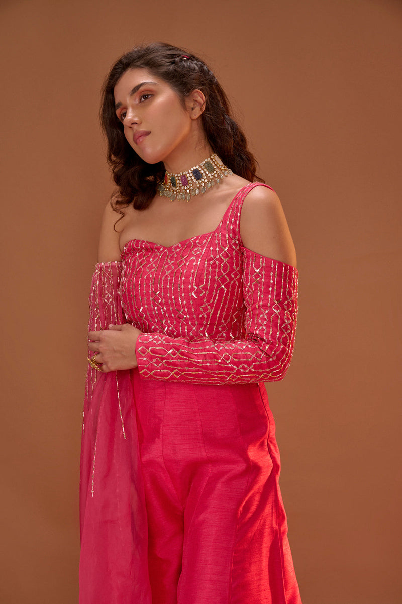 Hot Pink Palazo With Draped Crop Top