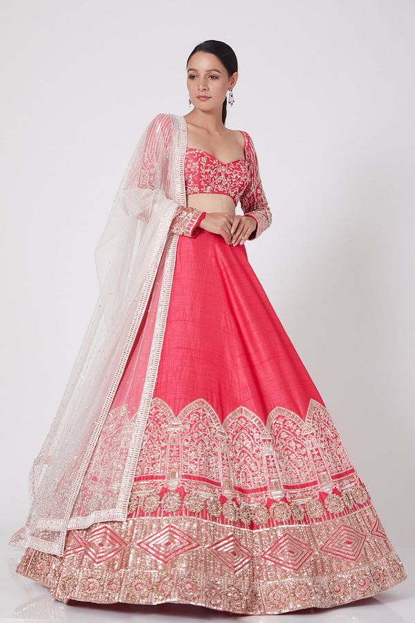 Pink Embroidered Lehenga With Blouse And Dupatta Set