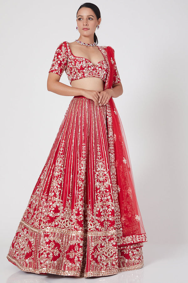 Red Embroidered Lehenga With Dupatta Set