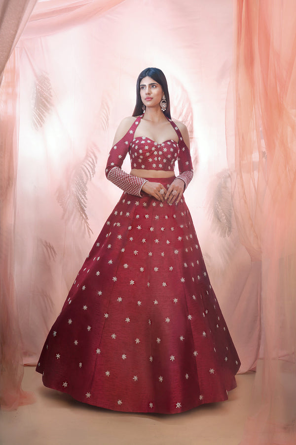 Cranberry Lehenga With A Corset Style Blouse