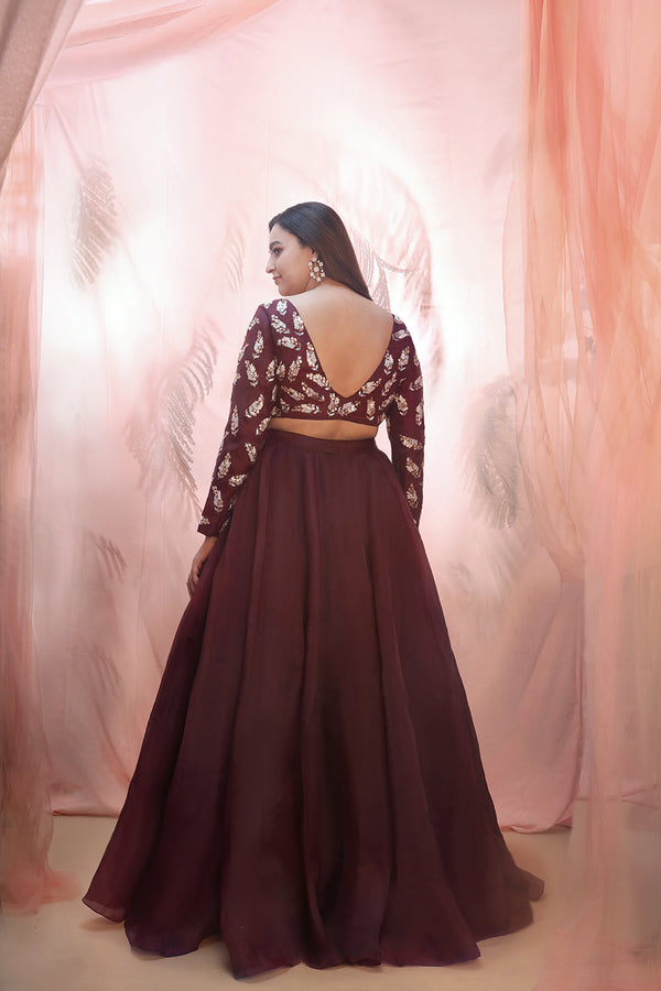 Wine Lehenga With A Embroidered Blouse