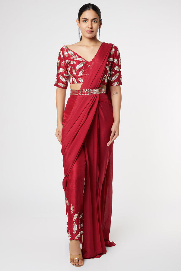 Candy Red Embroidered Saree With Belt